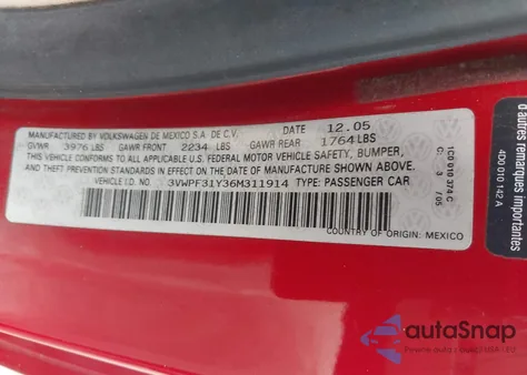 2006 Volkswagen New Beetle Convertible z USA, uszkodzony, nr VIN 3VWPF31Y36M311914